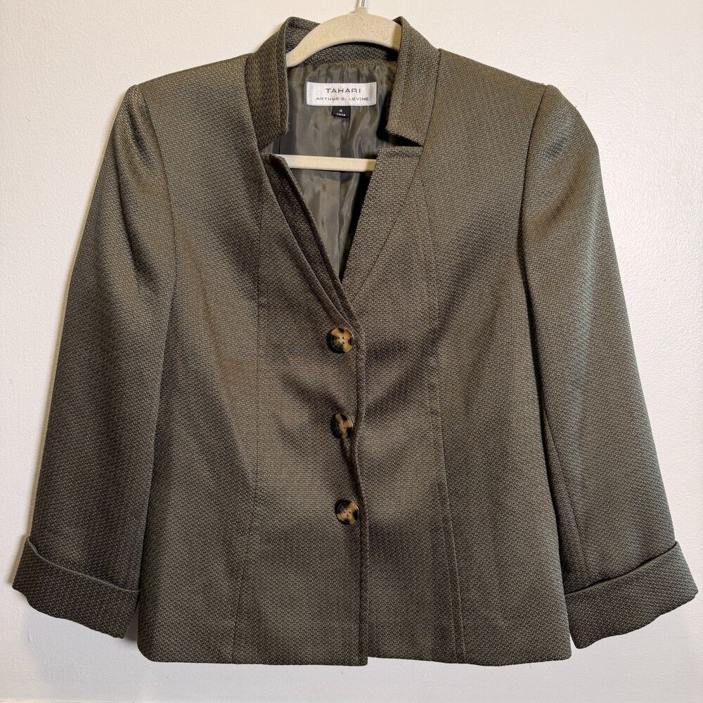 Tahari Arthur S Levine Womens 4 Gray Textured Blazer 3 Button 3/4 Sleeve